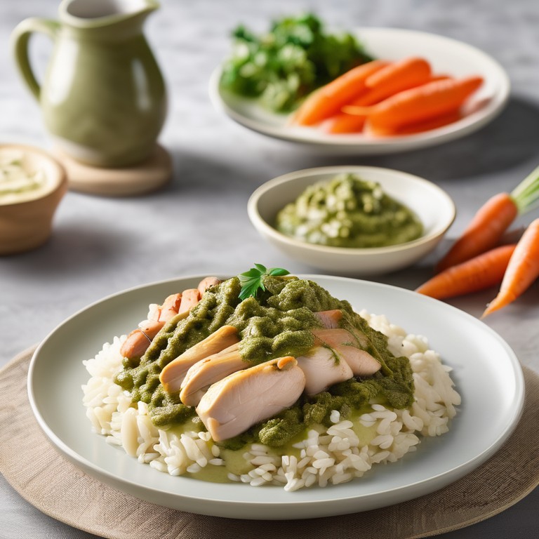 Creamy Pesto Chicken with Rice and Baby Carrots