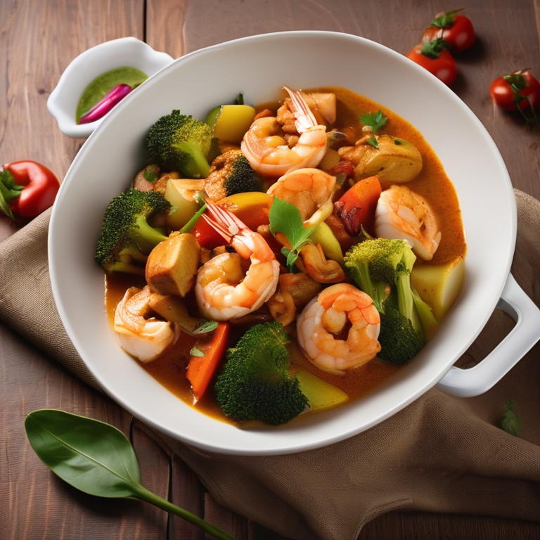 Exotische Gemüsepfanne mit Hühnchenbrust und Garnelen