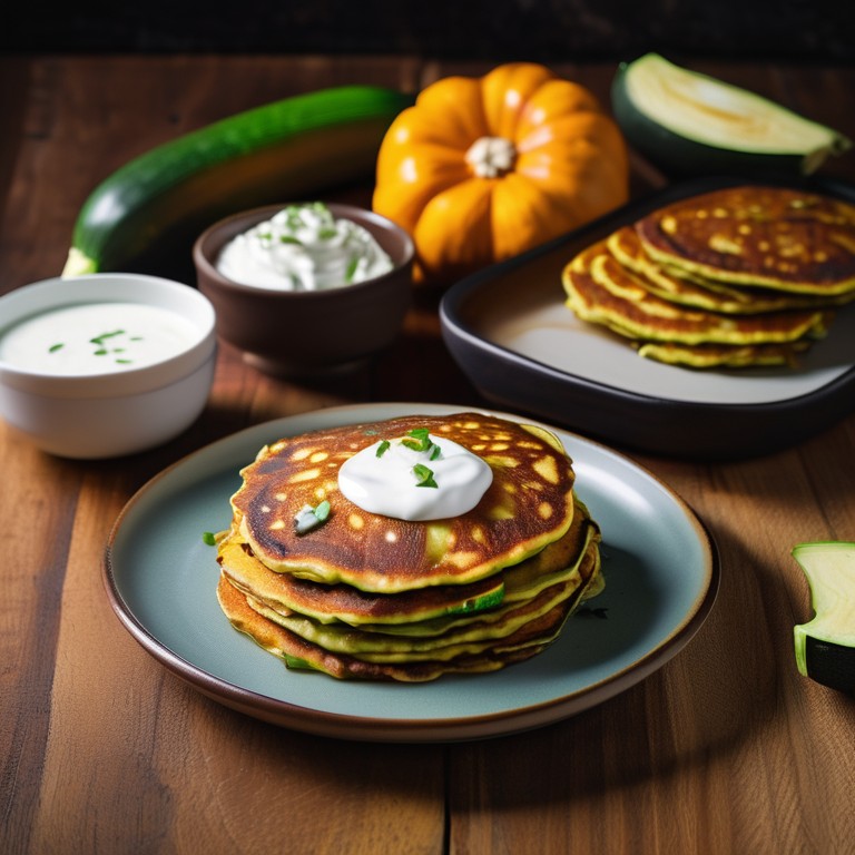 Kürbis-Zucchini-Pfannkuchen mit Joghurt-Knoblauch-Dip