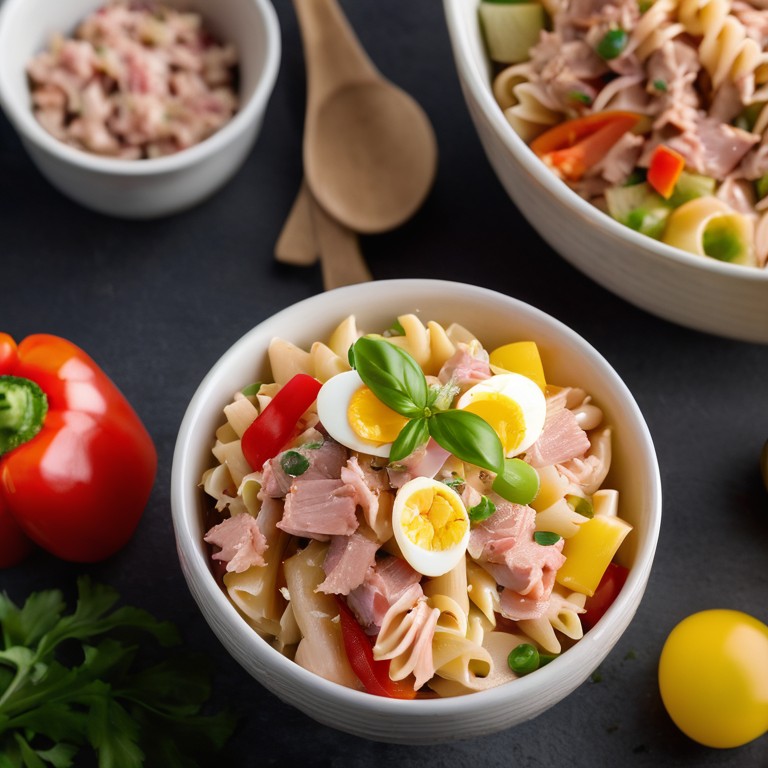 Nudel-Salat mit Zwiebeln, Ei, Paprika und Thunfisch