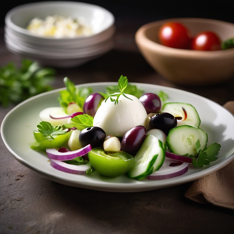 Mozzarella-Salat mit Oliven, Gurke und Zwiebeln