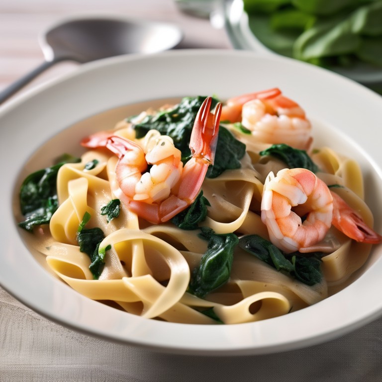 Garnelen-Nudeln mit Spinat und Zwiebeln
