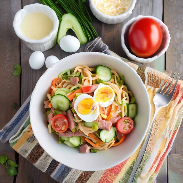 Bunter Gemüsenudelsalat mit Gekochten Eiern und Käse