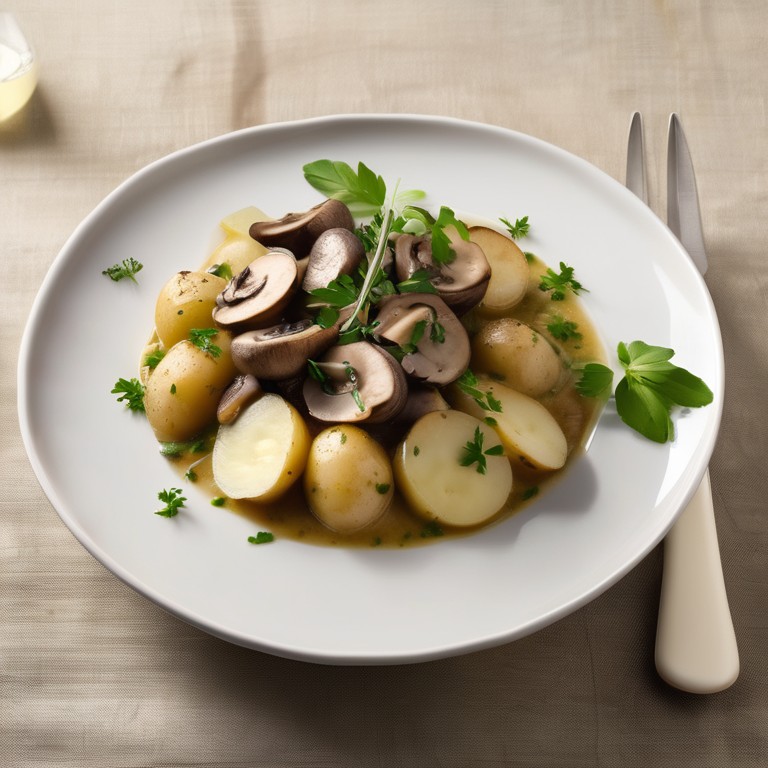 Tintorera con Patatas y Champiñones en Salsa de Ajo y Calabacín