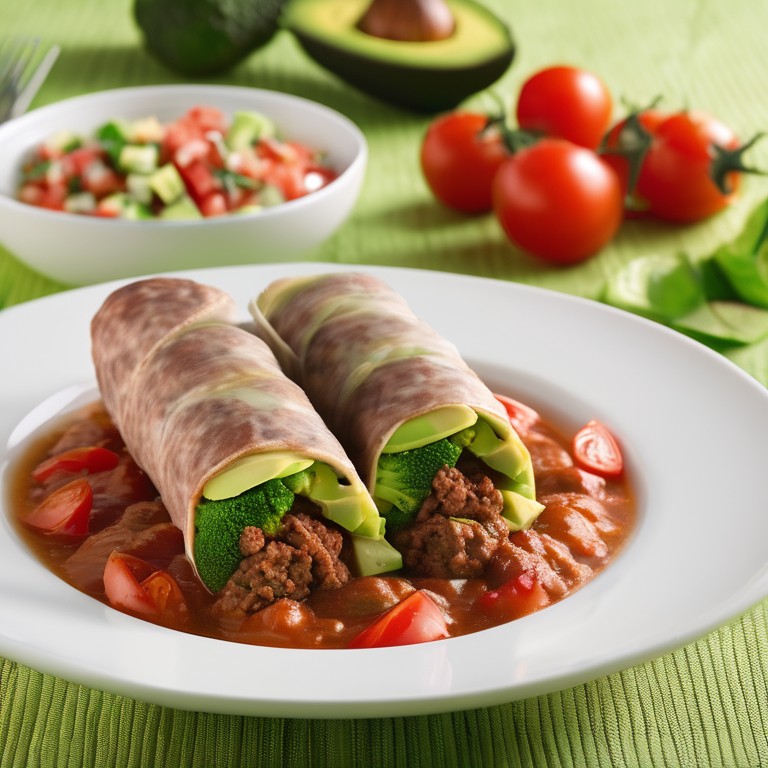 Gefüllte Hackfleisch-Brokkoli-Röllchen mit Avocado-Tomaten-Salat