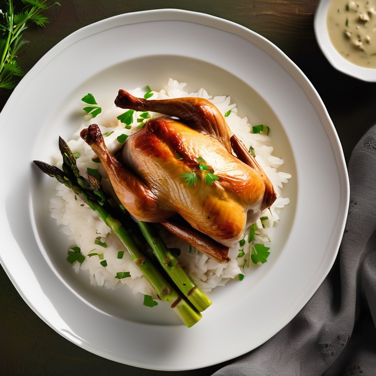 Gebratene Pute mit Reis, Spargel und Sauerrahm