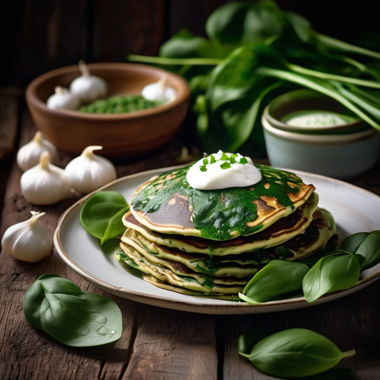 Spinat-Bärlauch-Pfannkuchen mit saurer Sahne