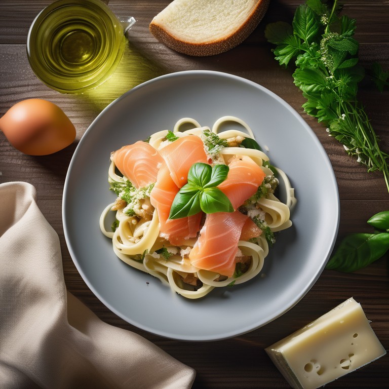 Nudeln mit Walnusspesto, Lachsschinken, Streukäse und Sahne