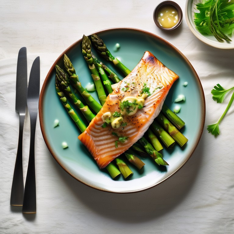 Gebratene Lachsforelle mit Knoblauchbutter und Grüner Spargel