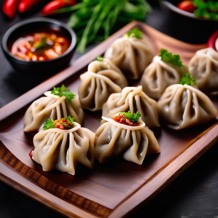 Steamed Chicken Momos with Spicy Tomato Chutney