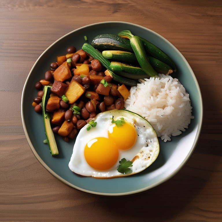 Refeição Saudável de Inhame com Arroz, Feijão e Ovo Frito com Abobrinha