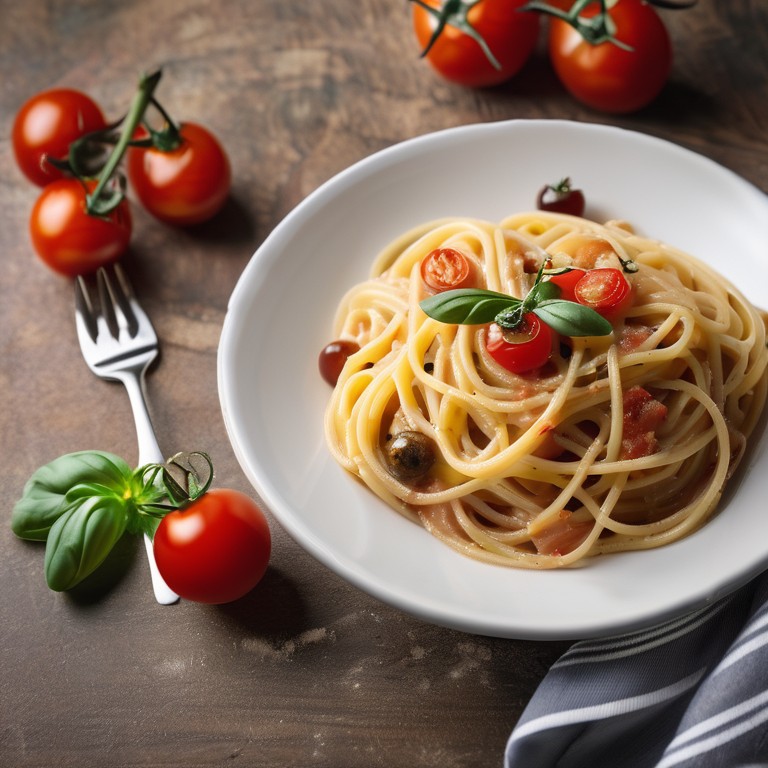 Espaguete Carbonara com Tomate Cereja e Azeitona