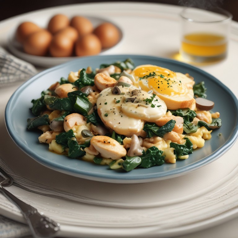 Revuelto de Huevos con Espinacas, Setas y Pollo