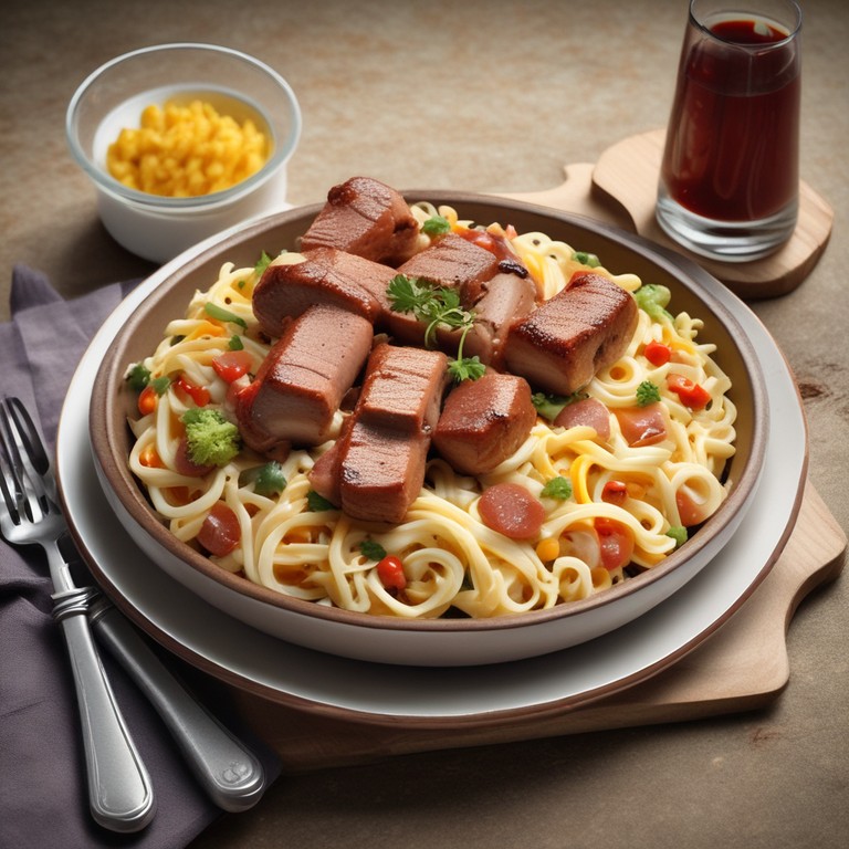 Bunter Gemüse-Nudelsalat mit Gebratener Bratwurst und Hähnchenbrust ...