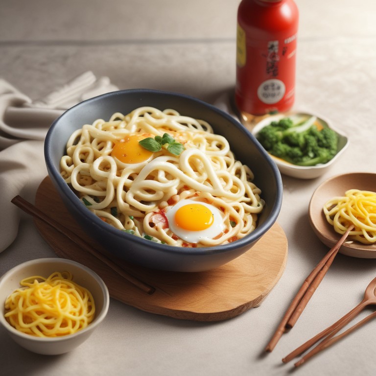 Creamy Udon Noodles with Egg, Tomato, Cheese, and Mustard