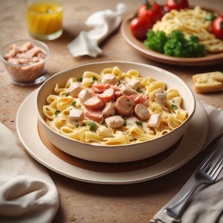 Macarrão Cremoso de Frango com Queijo e Mortadela