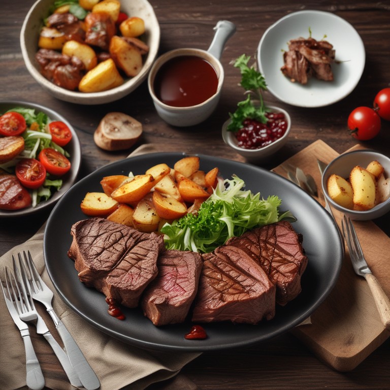 Rinderfleisch Steak mit Kartoffeln, Salat und dunkler Soße