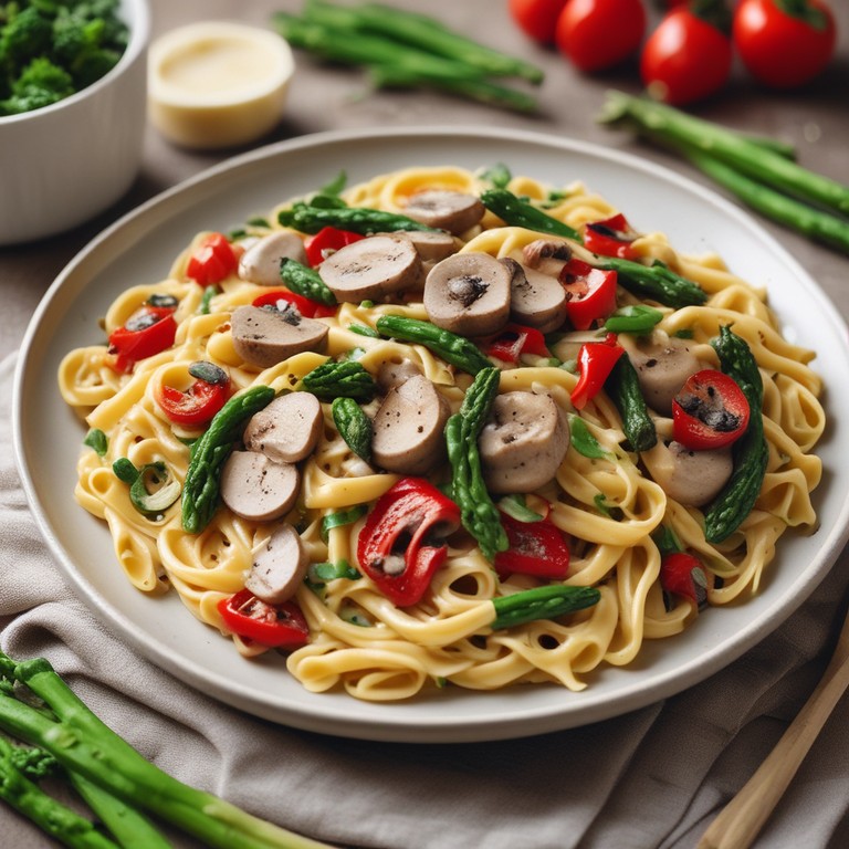 Creamy Mushroom Pasta with Asparagus and Bell Peppers