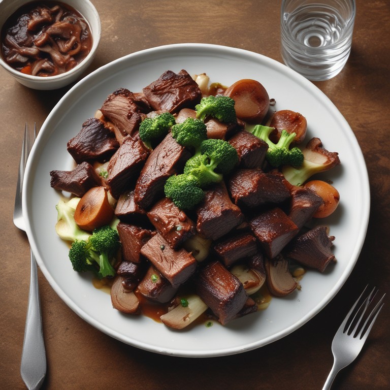 Slow-Cooked Short Ribs with Mushroom, Broccoli, Onion, and Shallot