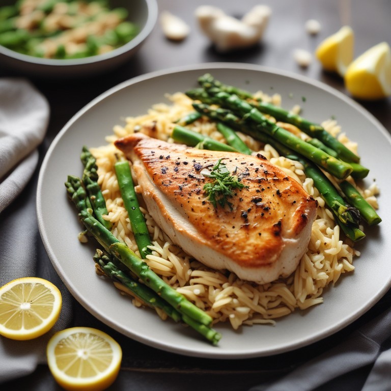 Garlic Lemon Chicken with Orzo and Asparagus