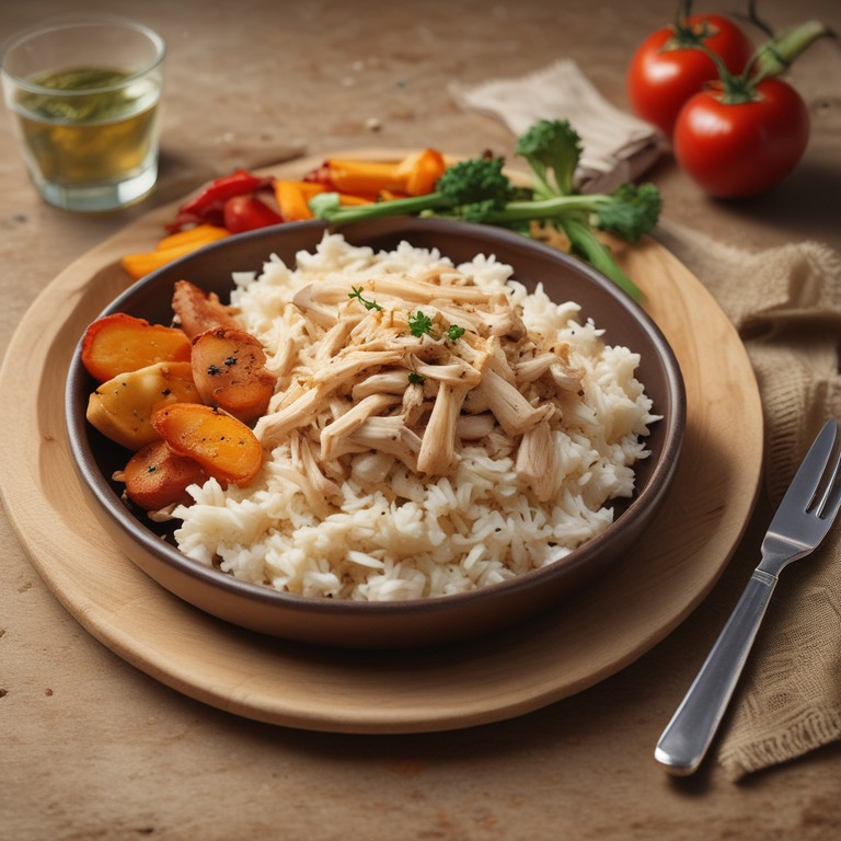 Frango Desfiado com Legumes de Forno e Arroz