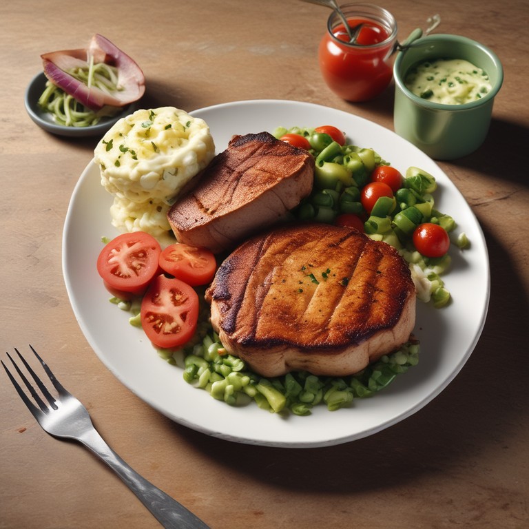 Chuletas Ahumadas con Ensalada de Papas y Salsa de Tomate y Chile