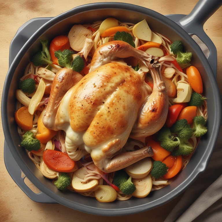 Gebratene Hähnchen-Nudelpfanne mit Gemüse