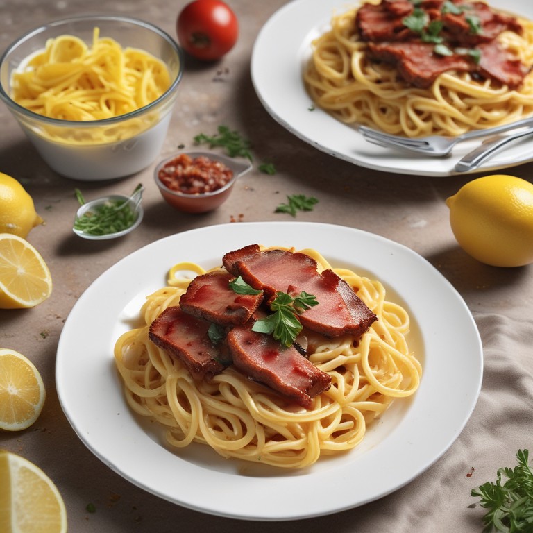 Knusprige Pasta mit Bacon und Steak in Zitronen-Sahne-Sauce