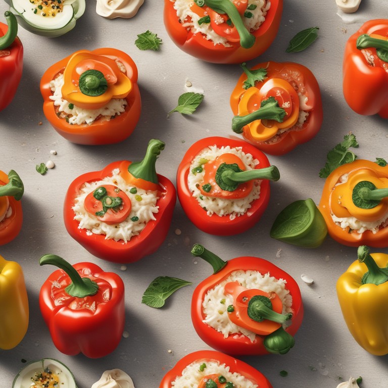 Gefüllte Paprika mit Reis, Tomate, Salat und Sahne-Käse-Sauce