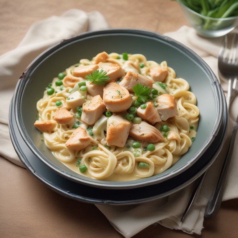 Bandnudeln mit Sahnesoße, Hähnchenbrust und Lauchzwiebeln