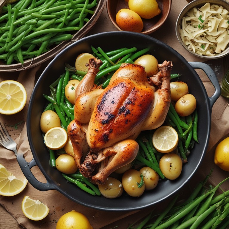 Roasted Chicken Thighs with Garlic Butter Potatoes and Lemon Green Beans