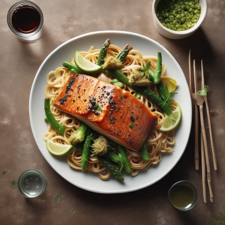 Gebratener Lachs mit Sojasauce, Spargel und Nudeln - Mr. Cook