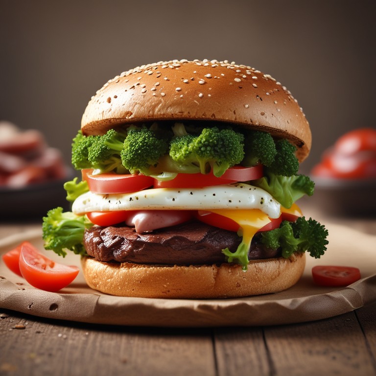 Burger de Steak Haché à la Tomate avec Oeuf et Brocolis