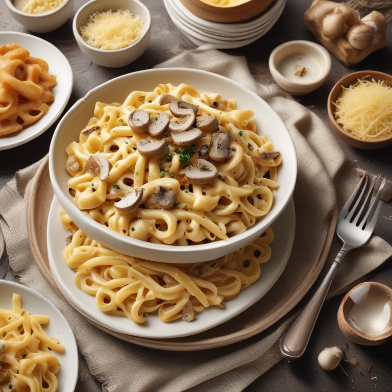 Käsiges Nudelgericht mit Zwiebeln und Champignons