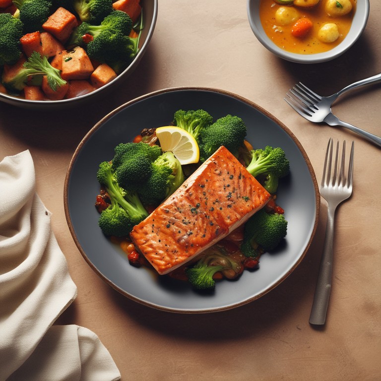 Gebratener Lachs mit Tomaten-Curry-Sauce und Brokkoli