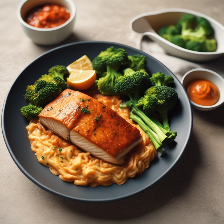 Gebratener Lachs mit Tomaten-Curry-Sauce und Brokkoli