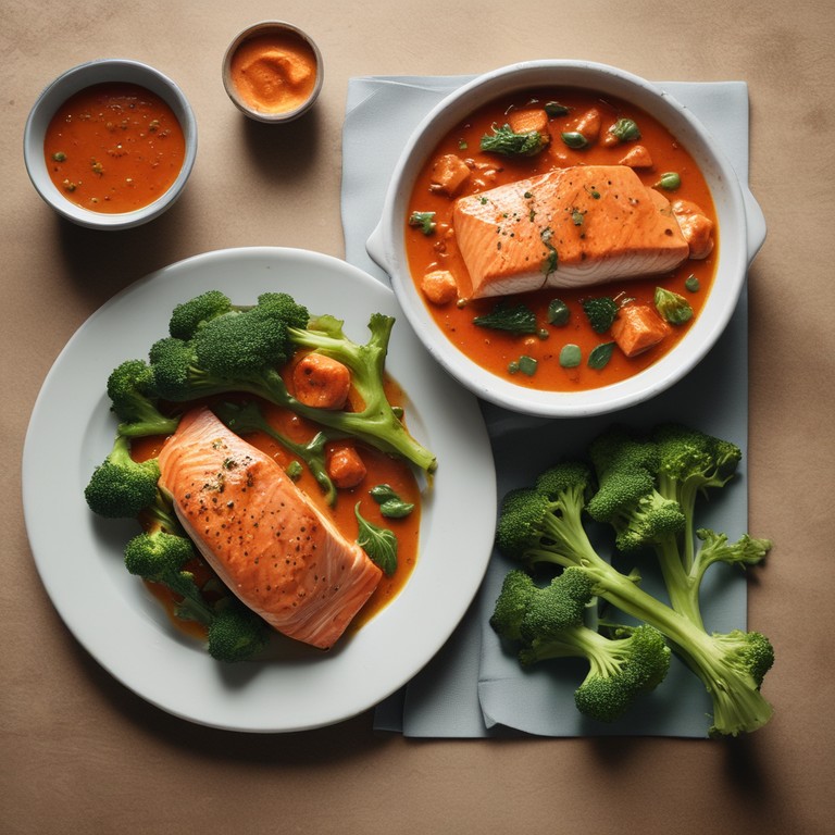 Gebackener Lachs mit Tomaten-Curry-Sauce und Brokkoli