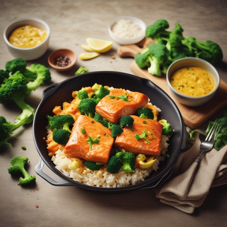 Gesunder Lachs-Curry mit Brokkoli und Reis