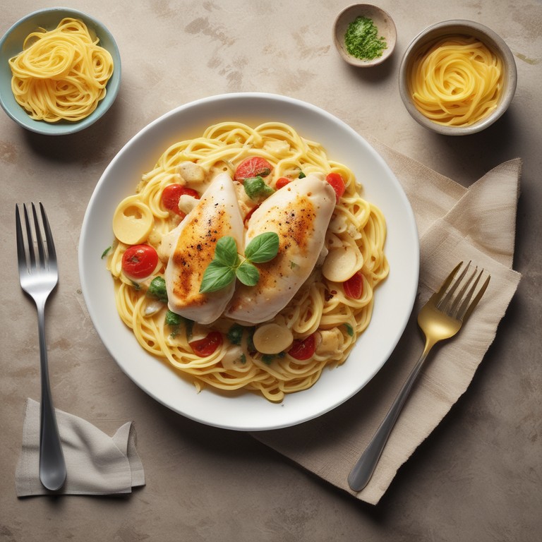 Frango ao Molho Branco com Macarrão e Batatas