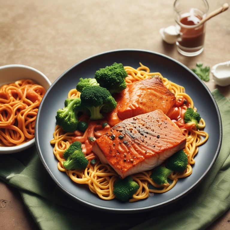 Gebratener Lachs mit Tomate-Curry-Sauce und Brokkoli auf Nudeln