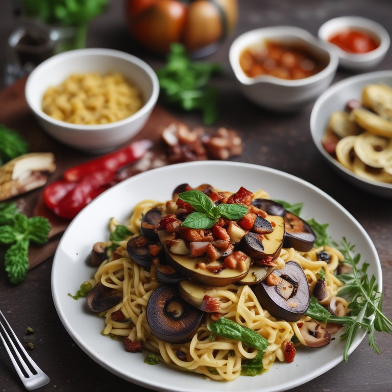 Gegrilde Aubergine met Champignons, Pesto en Gekruide Spekjes Pasta
