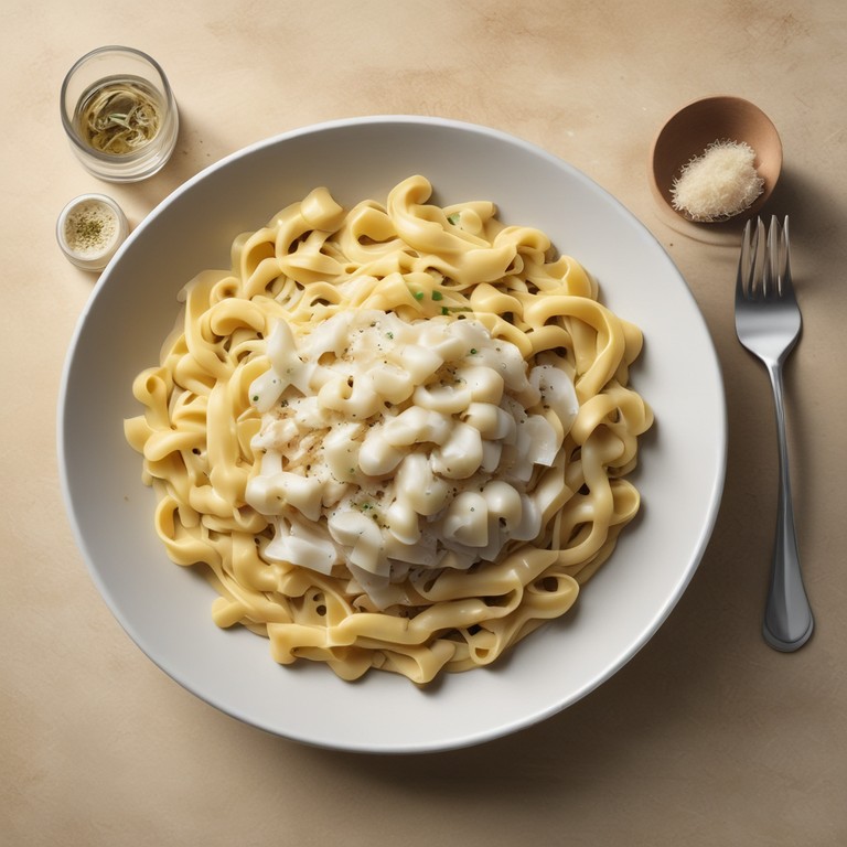 Käsiges Nudelgericht mit Zwiebeln und Knoblauch