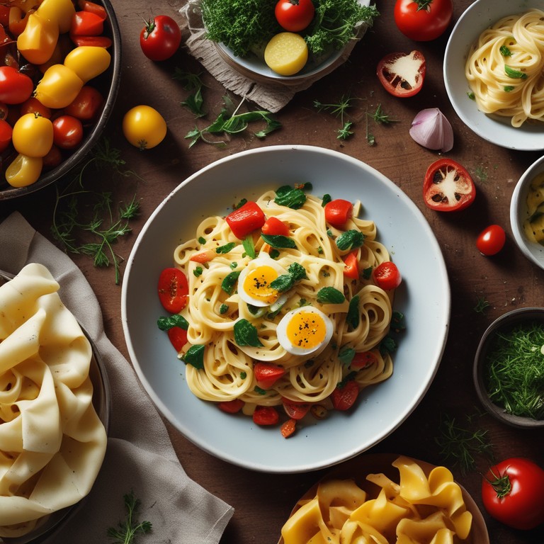 Savory Egg Pasta with Roasted Peppers and Herbed Potatoes