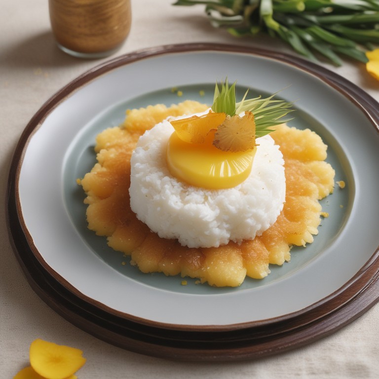 Tapa Crocante de Arroz con Gelificados de Piña y Espuma de Coco