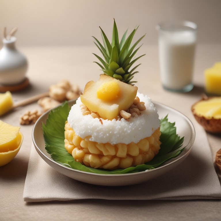 Tapa crocante de arroz inflado con gelificados cuadrados de piña y espuma de coco en sifón