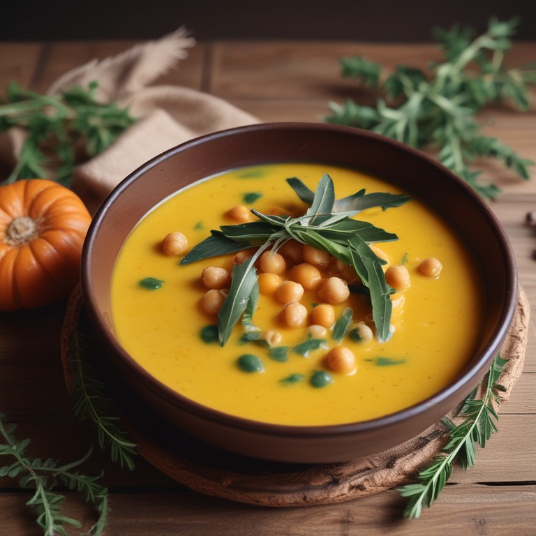 Creamy Pumpkin and Chickpea Soup with Rosemary and Sage