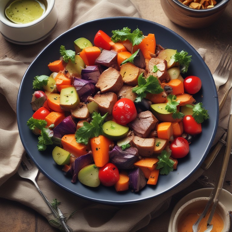 Salade de Patate Douce avec Tomate, Aubergine, et Steak