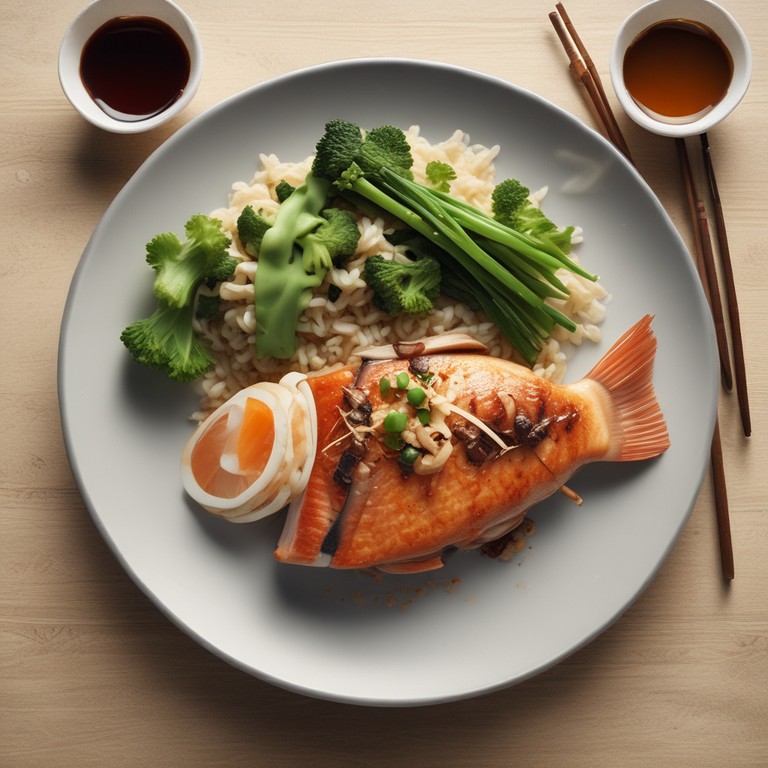 Asiatisches Fisch-Reis-Gericht mit Sojasoße