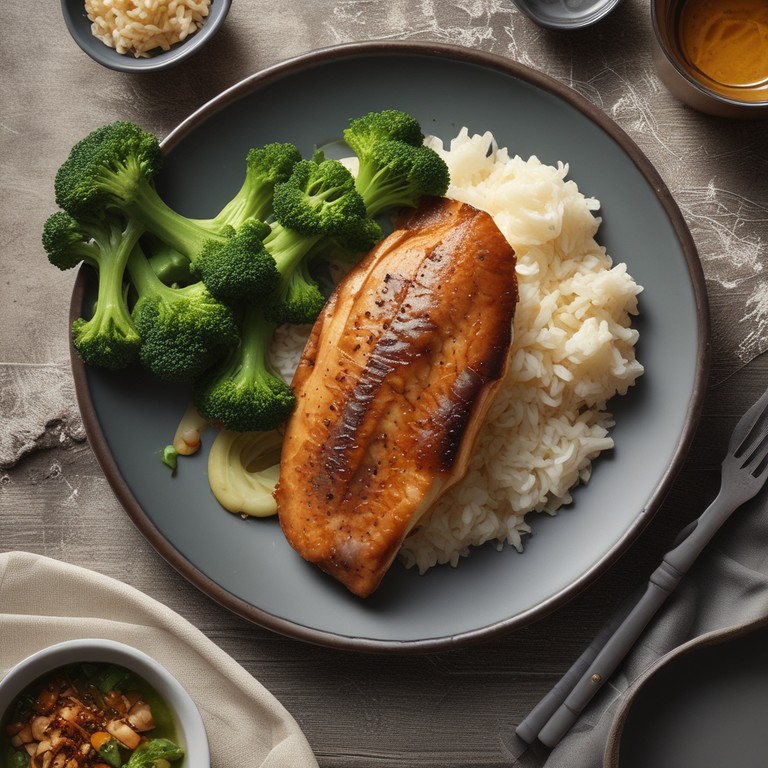 Gebratener Fisch mit Sojasoße, Reis und Brokkoli