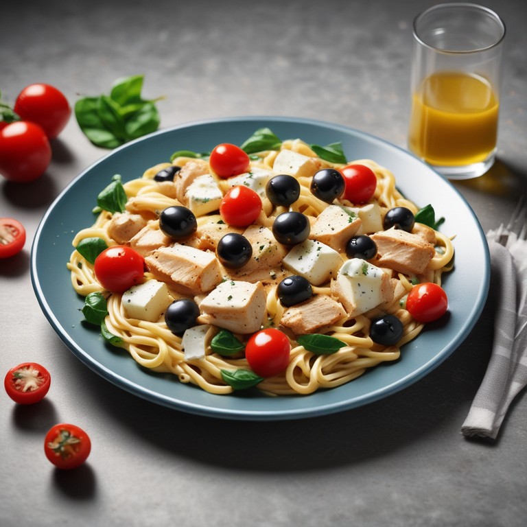 Курица с макаронами, шпинатом и помидорами черри